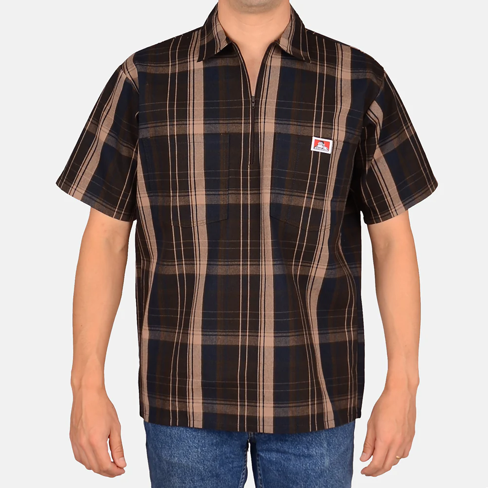 Short Sleeve Plaid 1/2 Zip Shirt - Brown - Image 2